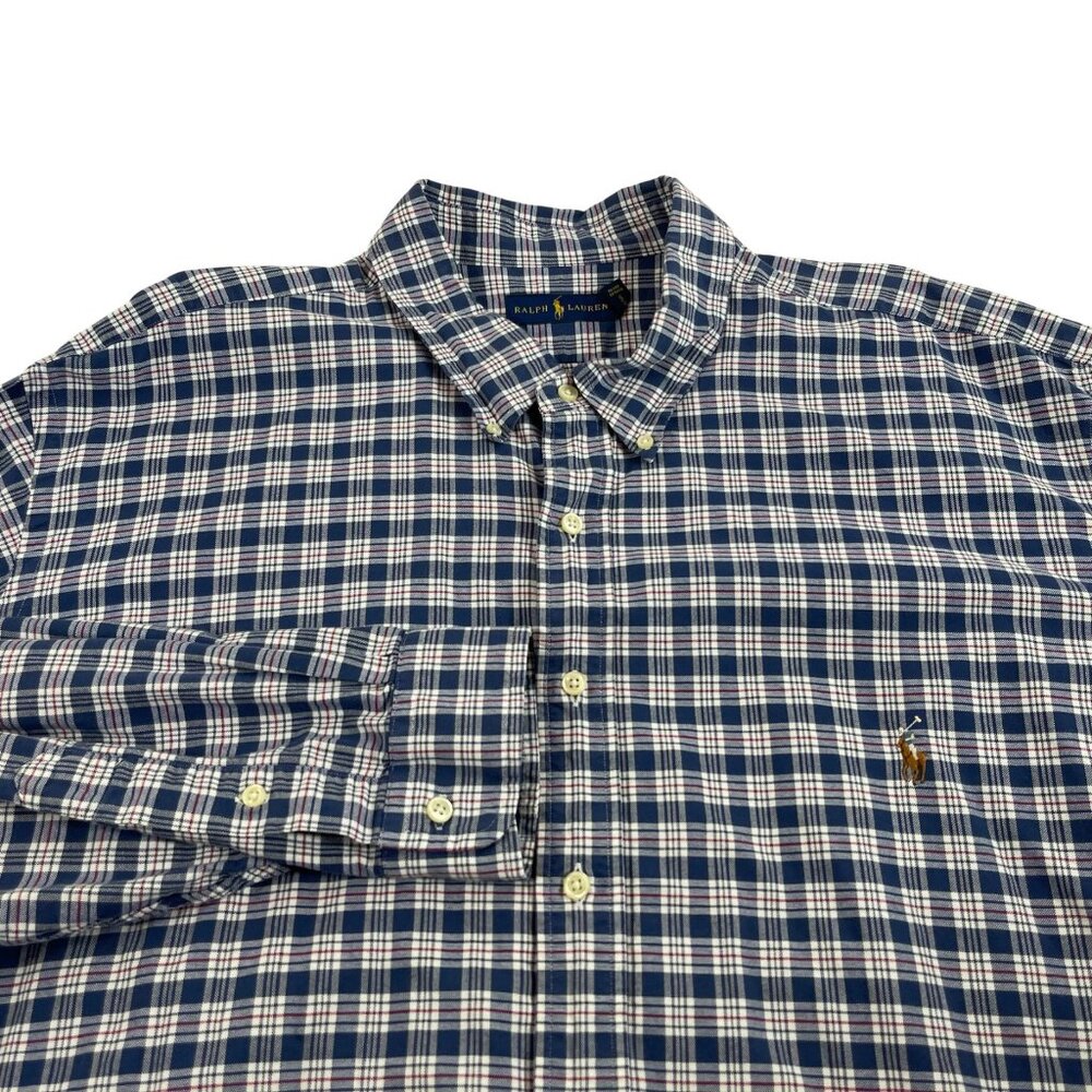 Ralph Lauren Button Front Shirt Mens 3XB Blue Plaid Flesh Pony Long Sleeve